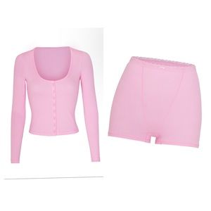 SKIMS Bubblegum Pink Pointelle Henley Shirt & Hot Shorts